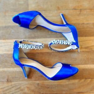 Badgley Mischka Blue Satin Embellished Ankle Strap Heels Sz 7